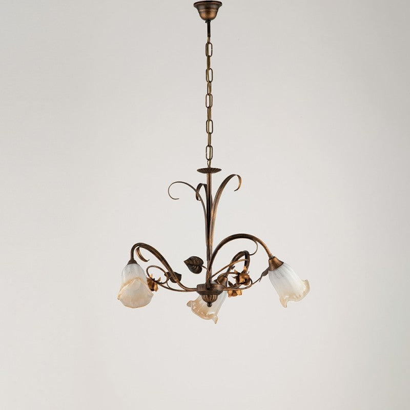 Lámpara colgante de hierro Hojas de oro marrón tres luces 54x h43 cm