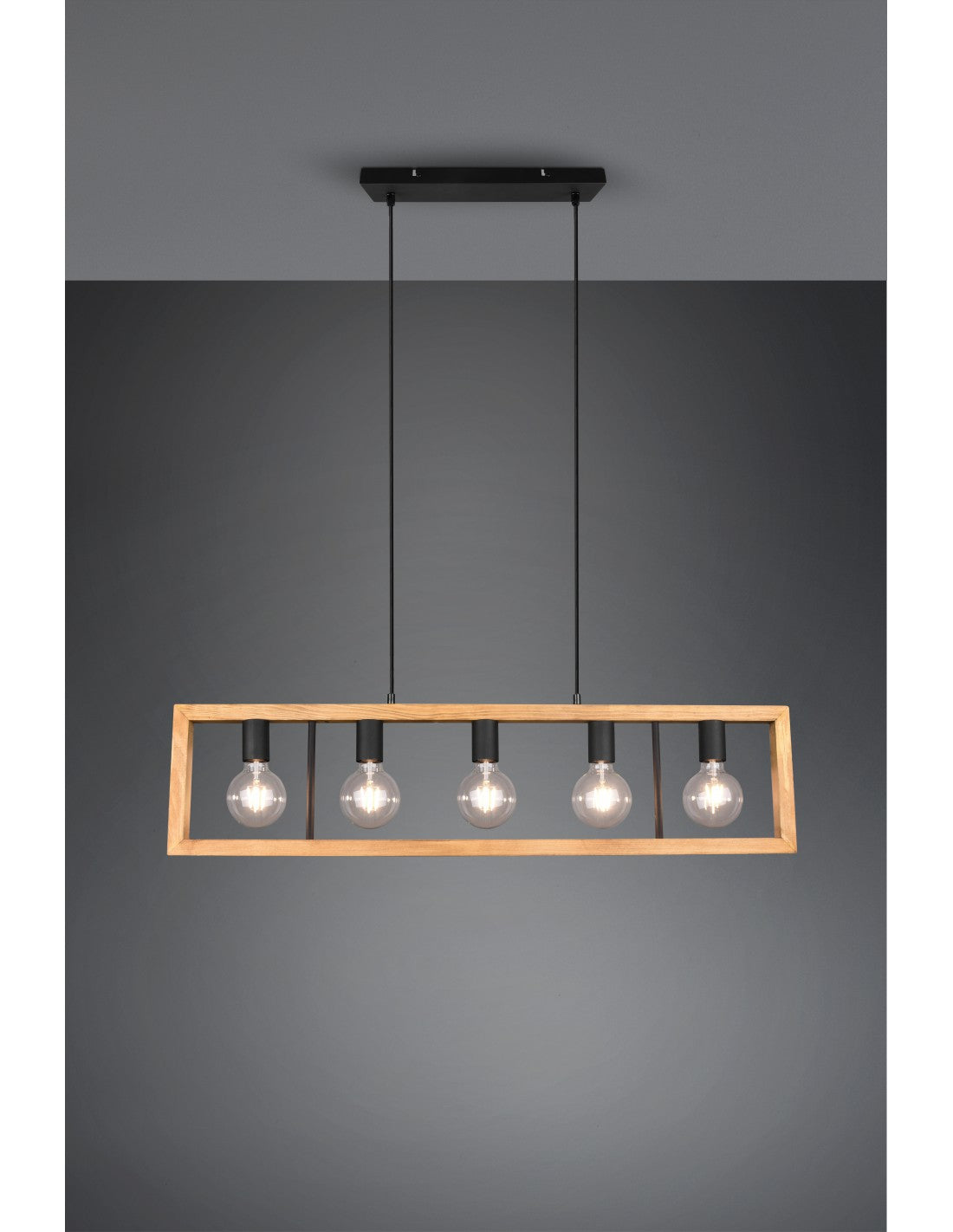 Lámpara de araña rectangular de madera Agra, 5 luces, iluminación en trío de madera natural y negro