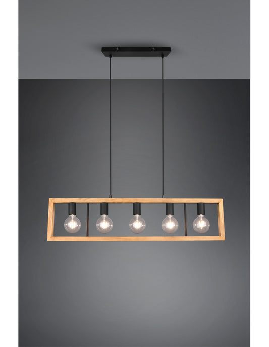 Lámpara de araña rectangular de madera Agra, 5 luces, iluminación en trío de madera natural y negro