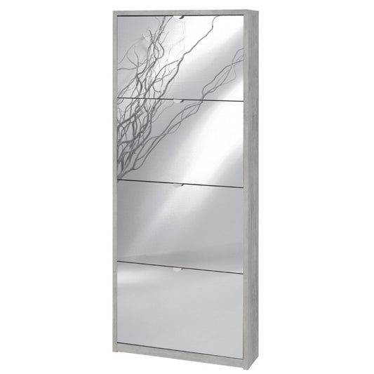 Zapatero delgado que ahorra espacio con cuatro puertas con espejo Beton Cemento 63x18x h154 cm