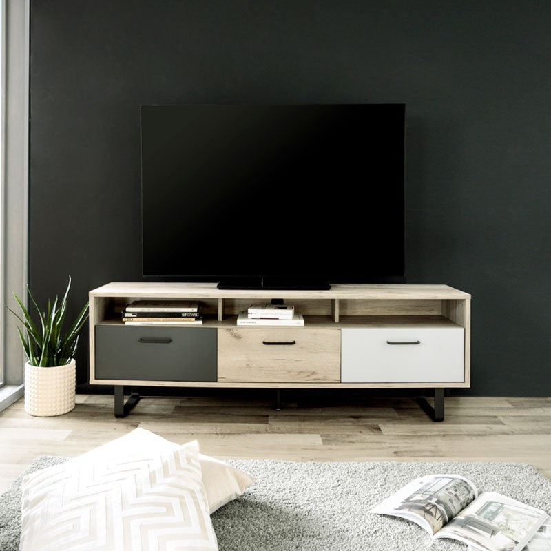 Base mueble TV con 3 puertas abatibles en color roble y gris 160x35xh.53 cm
