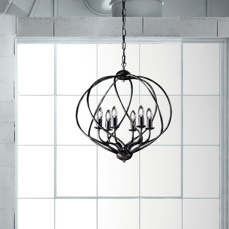 Lámpara colgante decorativa de hierro negro con decoración plateada, seis luces 57x h57 cm