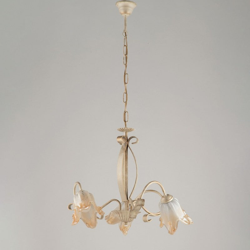 Lámpara de cocina de hierro Marfil Oro con tres luces y pantalla Ámbar 51x h43 cm
