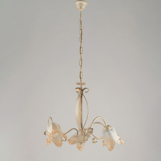 Lámpara de cocina de hierro Marfil Oro con tres luces y pantalla Ámbar 51x h43 cm