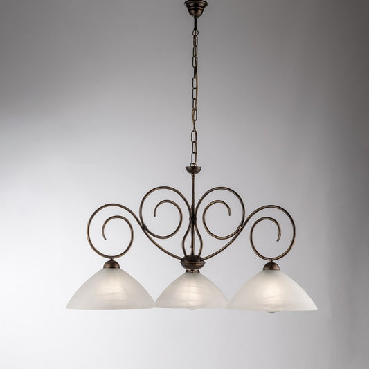 Araña de hierro marrón dorado tres luces Pantalla de cristal de alabastro blanco 78x h54 cm