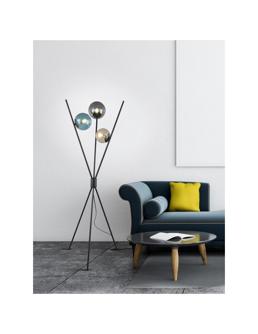 Lámpara de Pie Moderna Trípode Negro 3 Esferas de Cristal Multicolor Lance Trio Lighting