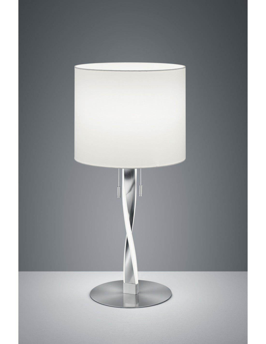 Lámpara de mesa Nandor moderna, pantalla de tela blanca y níquel, marco de iluminación LED trío