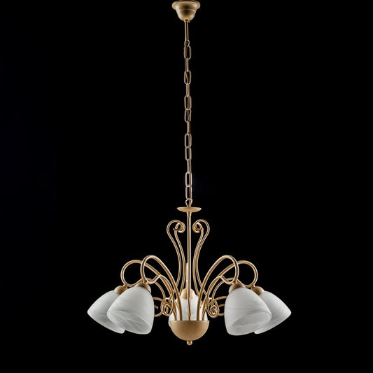 Araña de hierro marfil cinco luces, pantalla de cristal de alabastro blanco 60x h45 cm