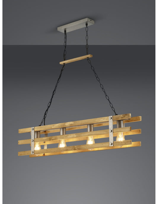 Lámpara de araña de madera de diseño rústico Khan, iluminación en trío de 4 luces