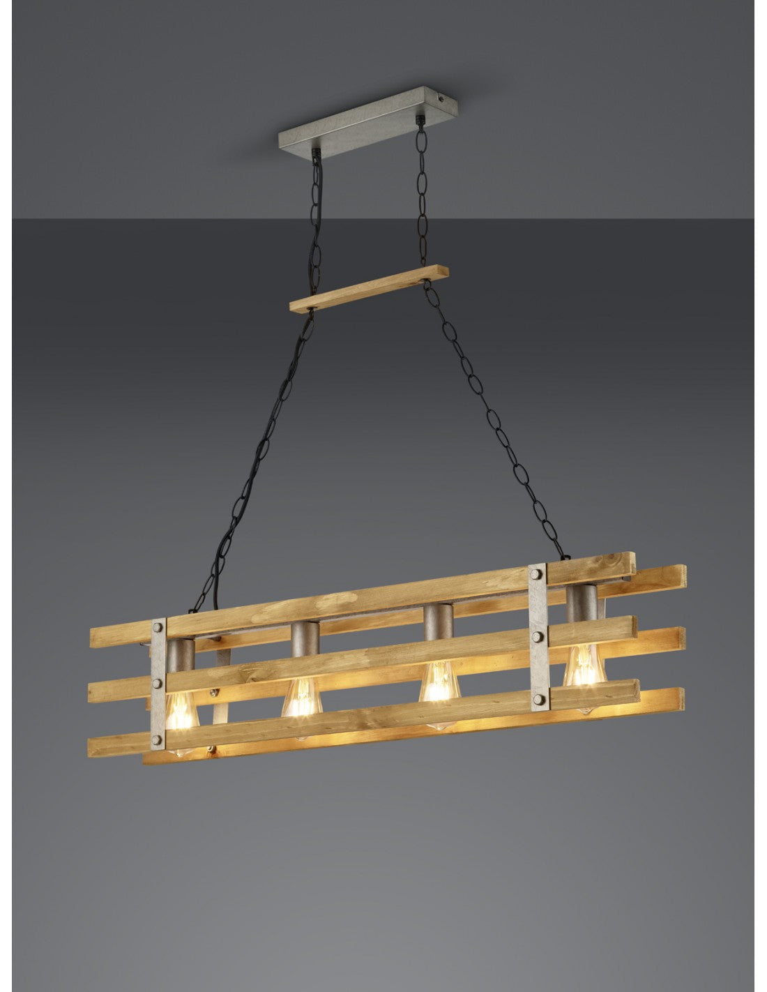 Lámpara de araña de madera de diseño rústico Khan, iluminación en trío de 4 luces