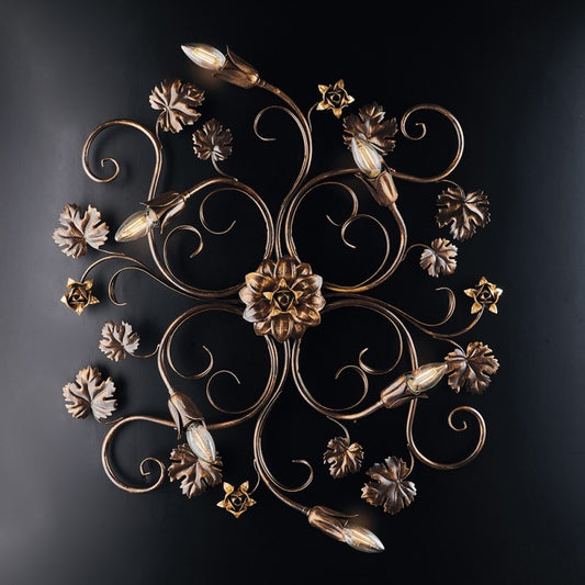 Plafón rosetón de hierro Marrón Dorado seis luces 79x67x h17 cm