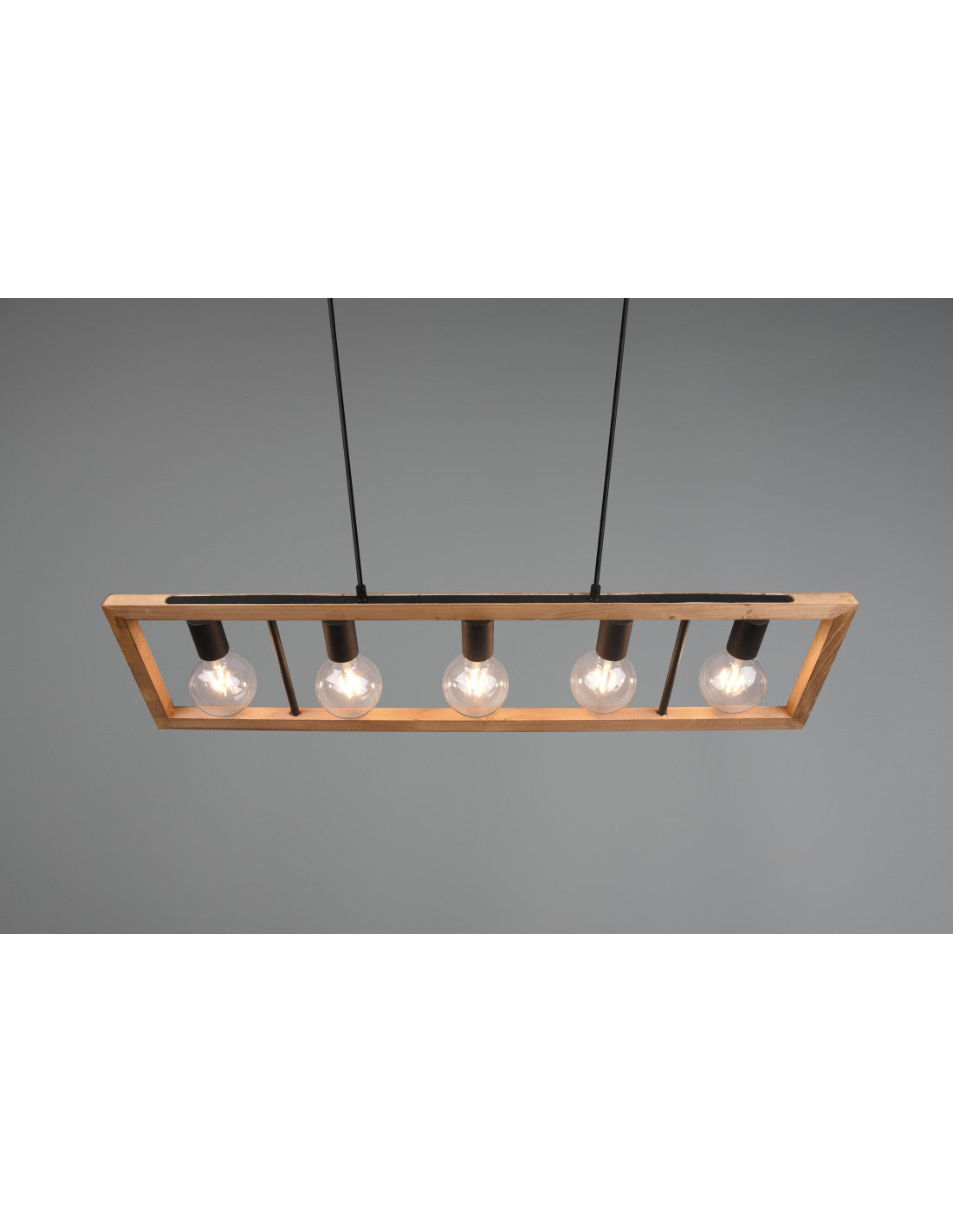 Lámpara de araña rectangular de madera Agra, 5 luces, iluminación en trío de madera natural y negro
