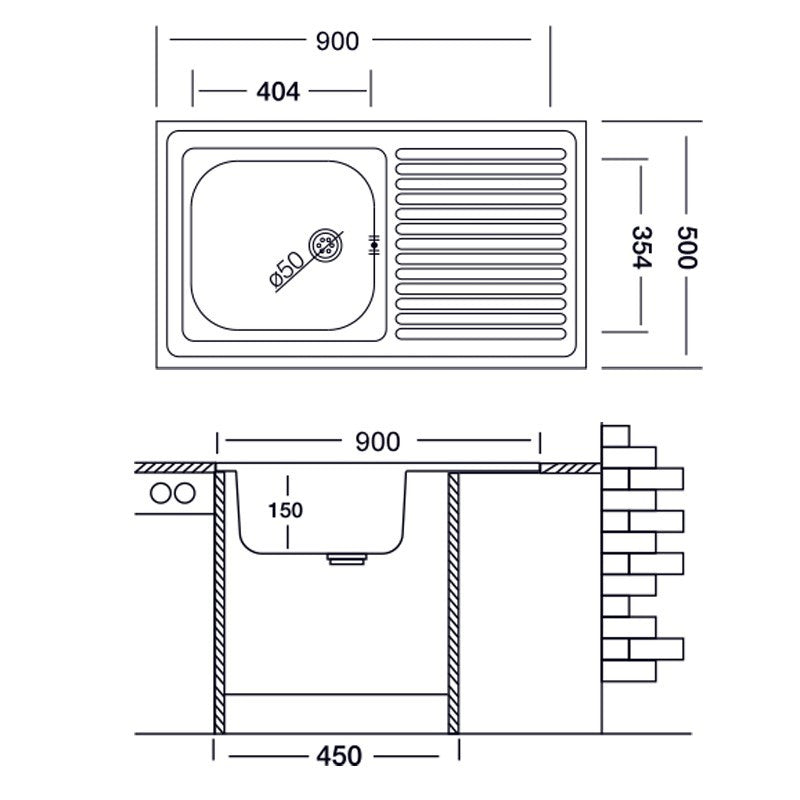 Lavello cucina vasca con gocciolatoio dx acciaio da appoggio 50x90 cm (N118DX) EFFEZ