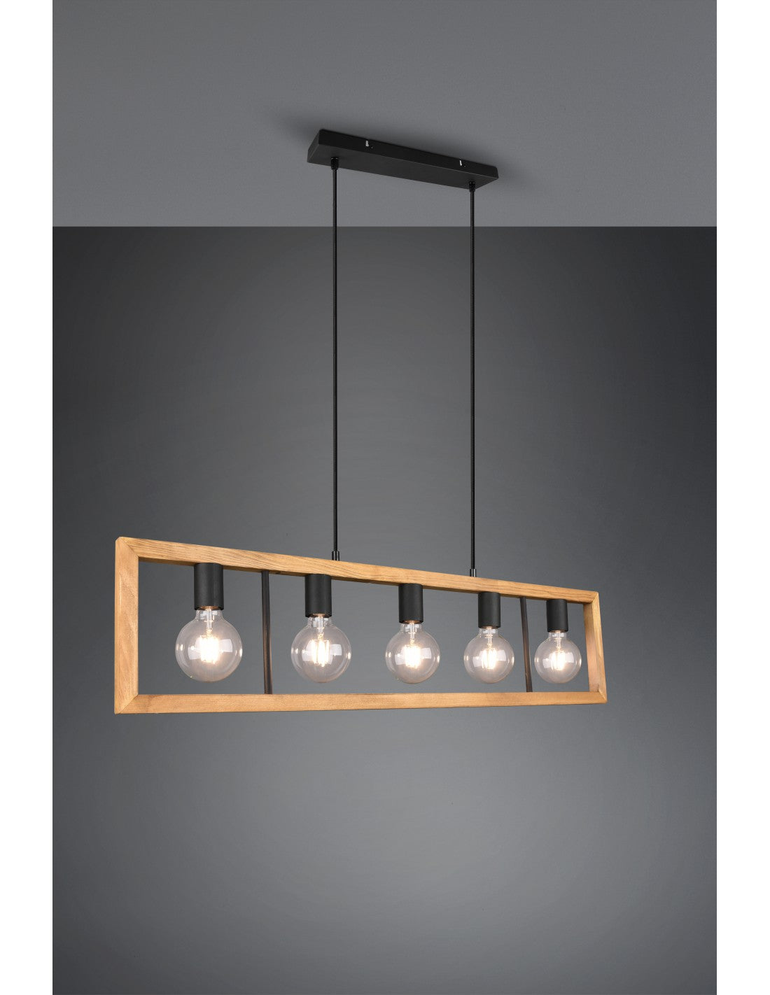 Lámpara de araña rectangular de madera Agra, 5 luces, iluminación en trío de madera natural y negro