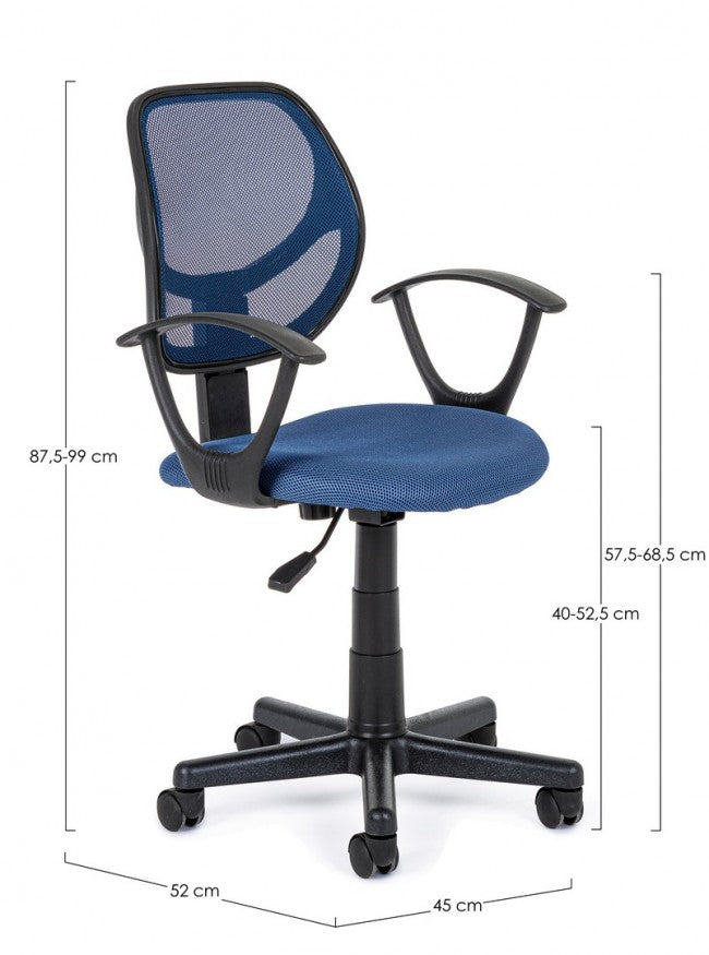 Silla de oficina azul con reposabrazos.