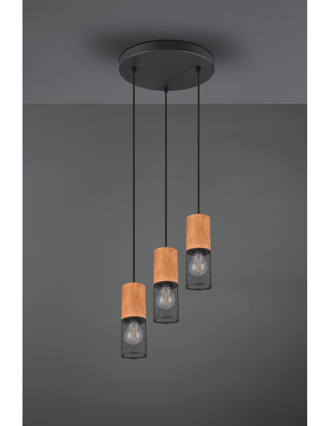 Tosh Suspensión Negro 3xE27 Jaula Madera Y Metal Ø28 cm Trio Lighting