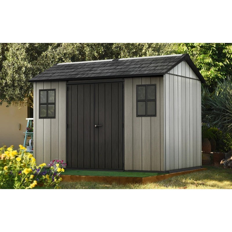 Casita en duotech gris pintable efecto madera 2 puertas y 2 ventanas 350x229xh.254 cm