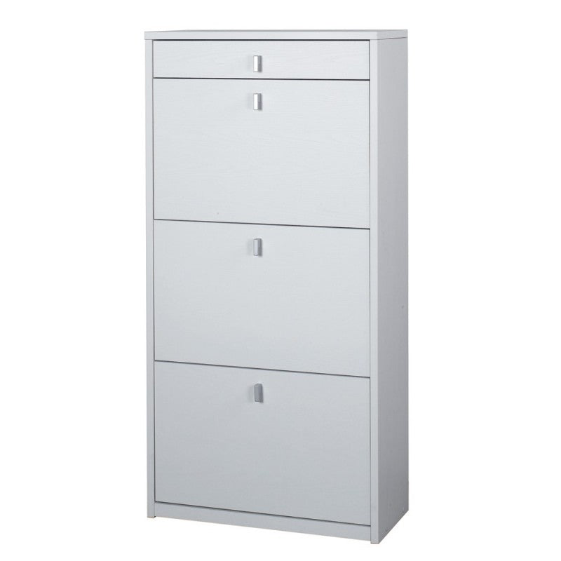 Zapatero delgado que ahorra espacio con tres puertas y un cajón en Ash White 63x29x h127 cm