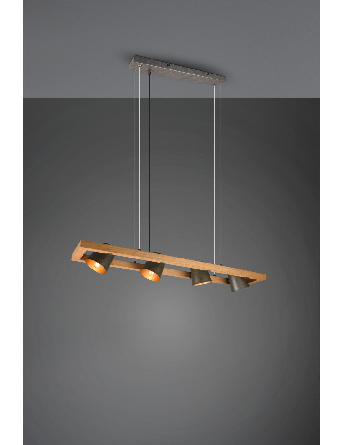 Lámpara de suspensión rectangular con 4 focos ajustables en madera y metal níquel Bell Trio Lighting