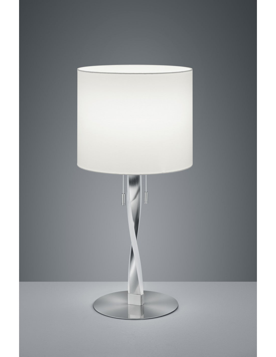 Lámpara de mesa Nandor moderna, pantalla de tela blanca y níquel, marco de iluminación LED trío