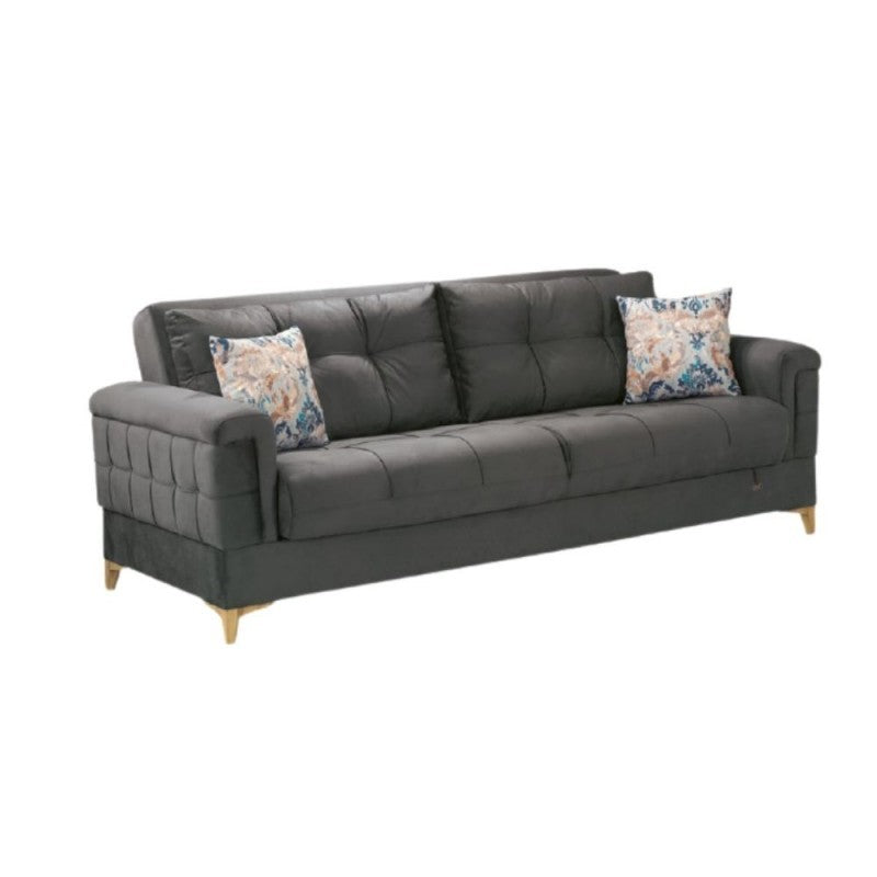 KEMER Sofá cama de tres plazas con almacenaje en madera y tela Gris Oscuro 219x99x h87 cm