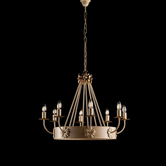 Araña de hierro marfil Decape con acabado dorado imperio, ocho luces 76x h57 cm