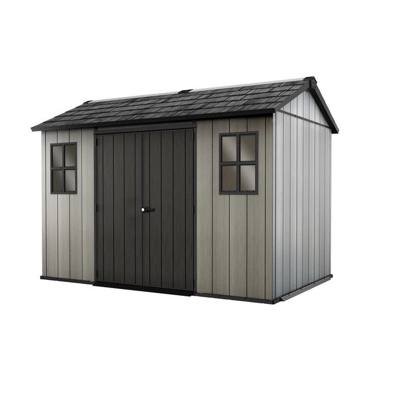 Casita en duotech gris pintable efecto madera 2 puertas y 2 ventanas 350x229xh.254 cm