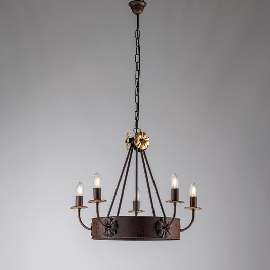 Lámpara de araña de hierro Rusty Black con acabado Empire Gold, cinco luces, 59x h52 cm