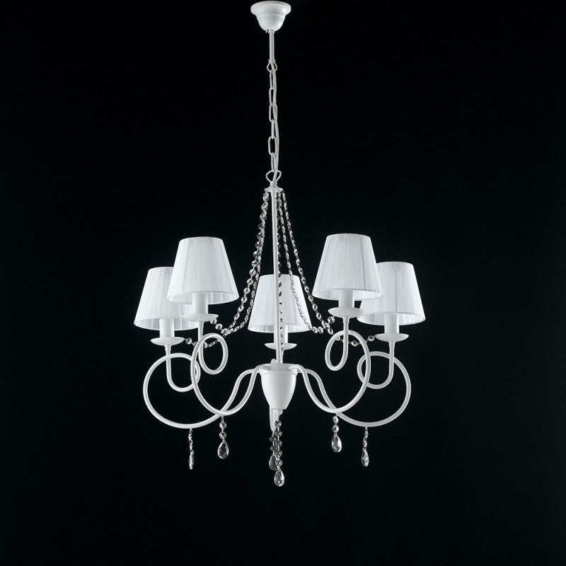 Araña de hierro blanco con cinco luces, decoración desgastada, pantallas blancas 68x h72 cm