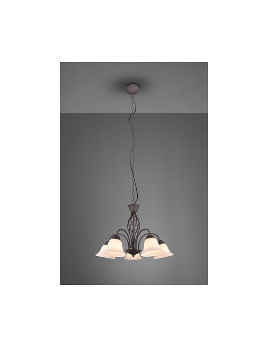 Araña de suspensión rústica, 5 luces, copas de vidrio blanco óxido, iluminación en trío