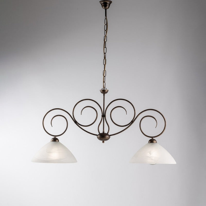 Araña de hierro marrón dorado dos luces Pantalla de cristal de alabastro blanco 99x h52 cm