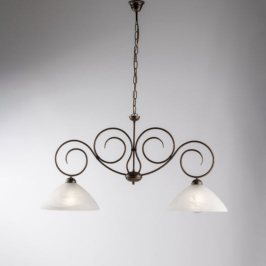 Araña de hierro marrón dorado dos luces Pantalla de cristal de alabastro blanco 99x h52 cm