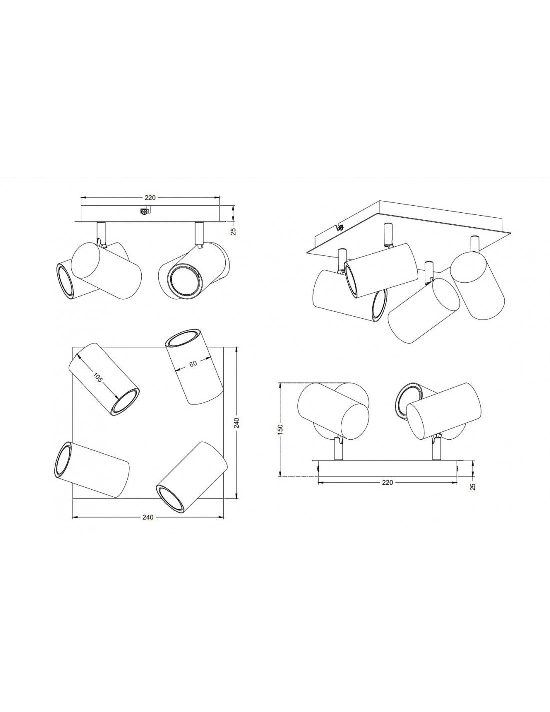 Foco Marley Placa Cuadrada Dorada 4 Focos Cilíndricos Negros Regulables Trio Lighting
