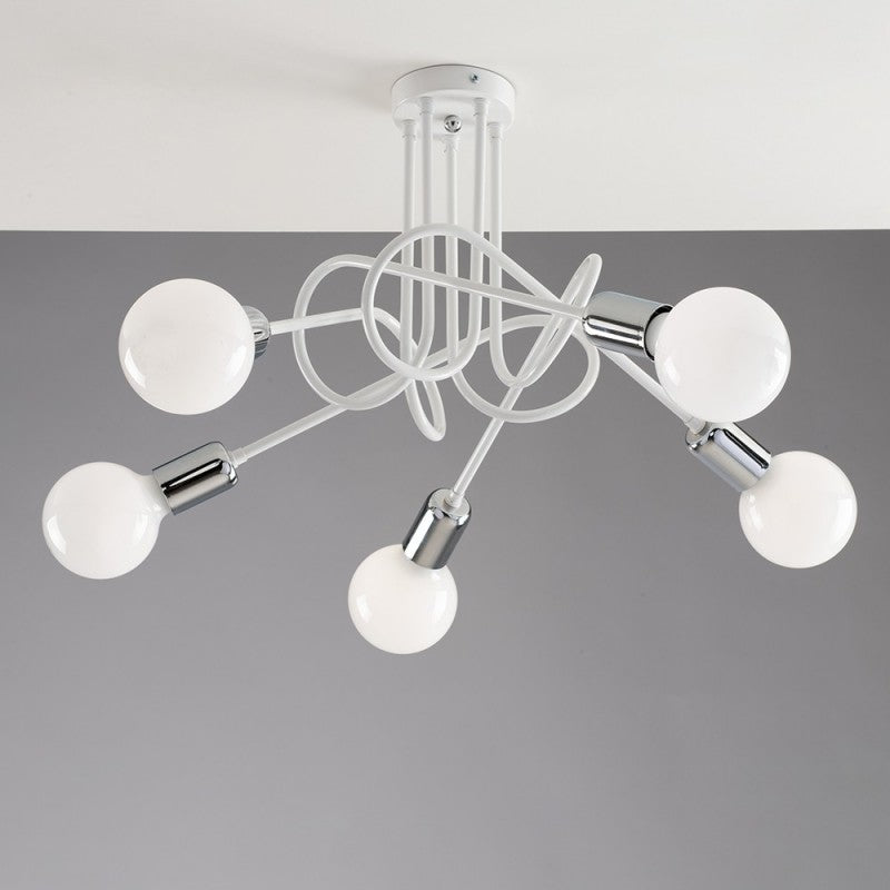 Plafón Urban de hierro blanco con acabado cromado, cinco luces 52x h33 cm