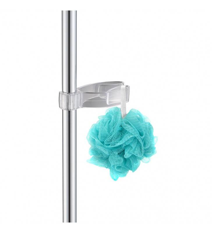 Gancho transparente para barras o columnas de ducha.