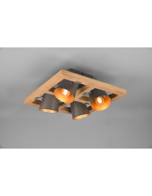 Lámpara de techo cuadrada con 4 focos orientables en madera y metal níquel Bell Trio Lighting