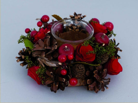 Centro de mesa portavelas navideño rojo de cristal con piñas y frutos rojos 17 cm