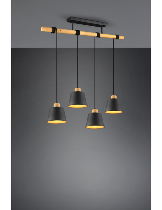 Lámpara de araña de barra de madera con 4 pantallas, iluminación Harris Trio de oro negro