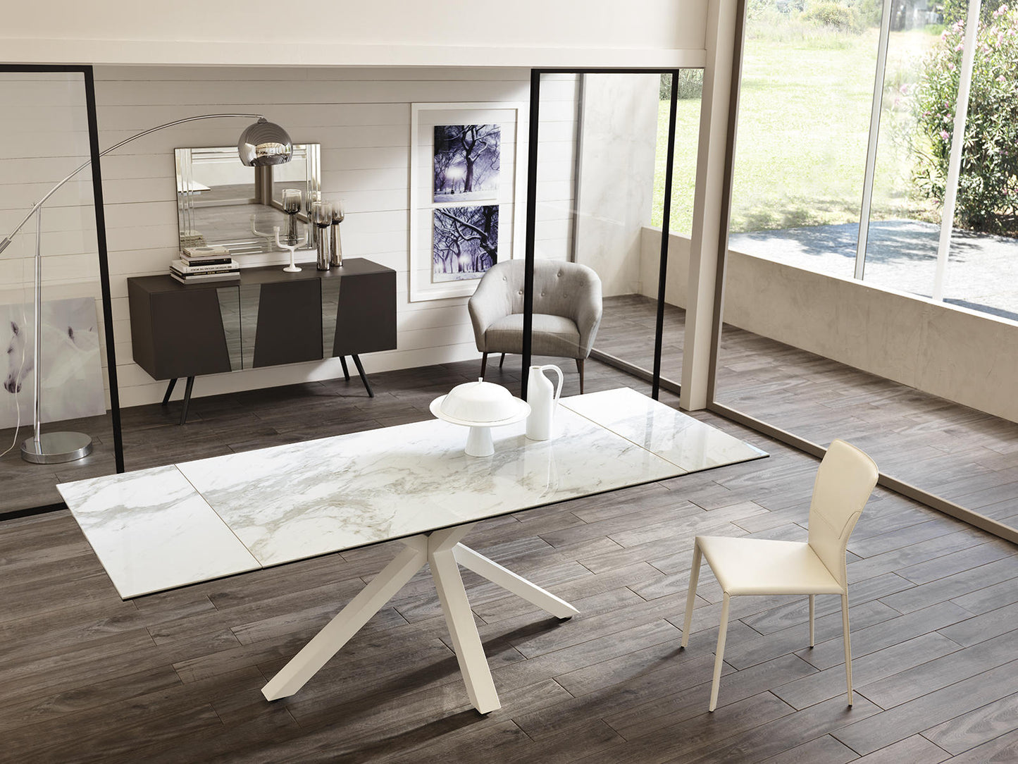 Mesa extensible blanca-cerámica mármol blanco 90 cm x 160-240 cm H. 76 cm