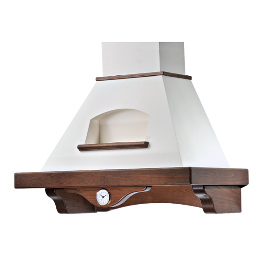 Campana de cocina rústica AIDA blanca con estructura de madera color tabaco con reloj de 90 cm