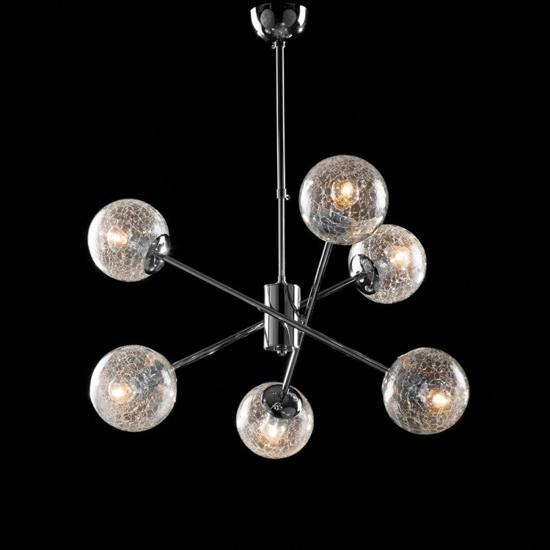 Lámpara de suspensión de hierro cromado pulido de 6 luces con esferas de cristal.