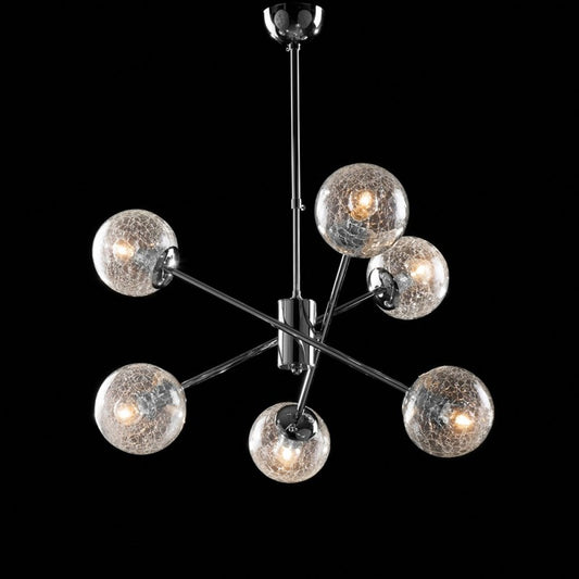 Lámpara de suspensión de hierro cromado pulido de 6 luces con esferas de cristal.