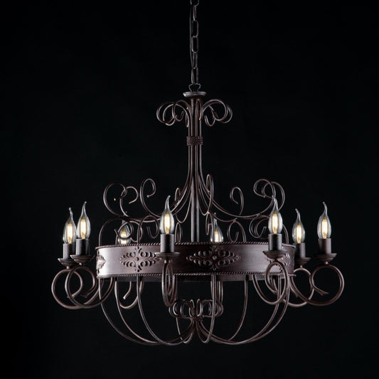 Lámpara de araña de hierro lacado en negro con decoración óxido, 8 luces, 76 cm