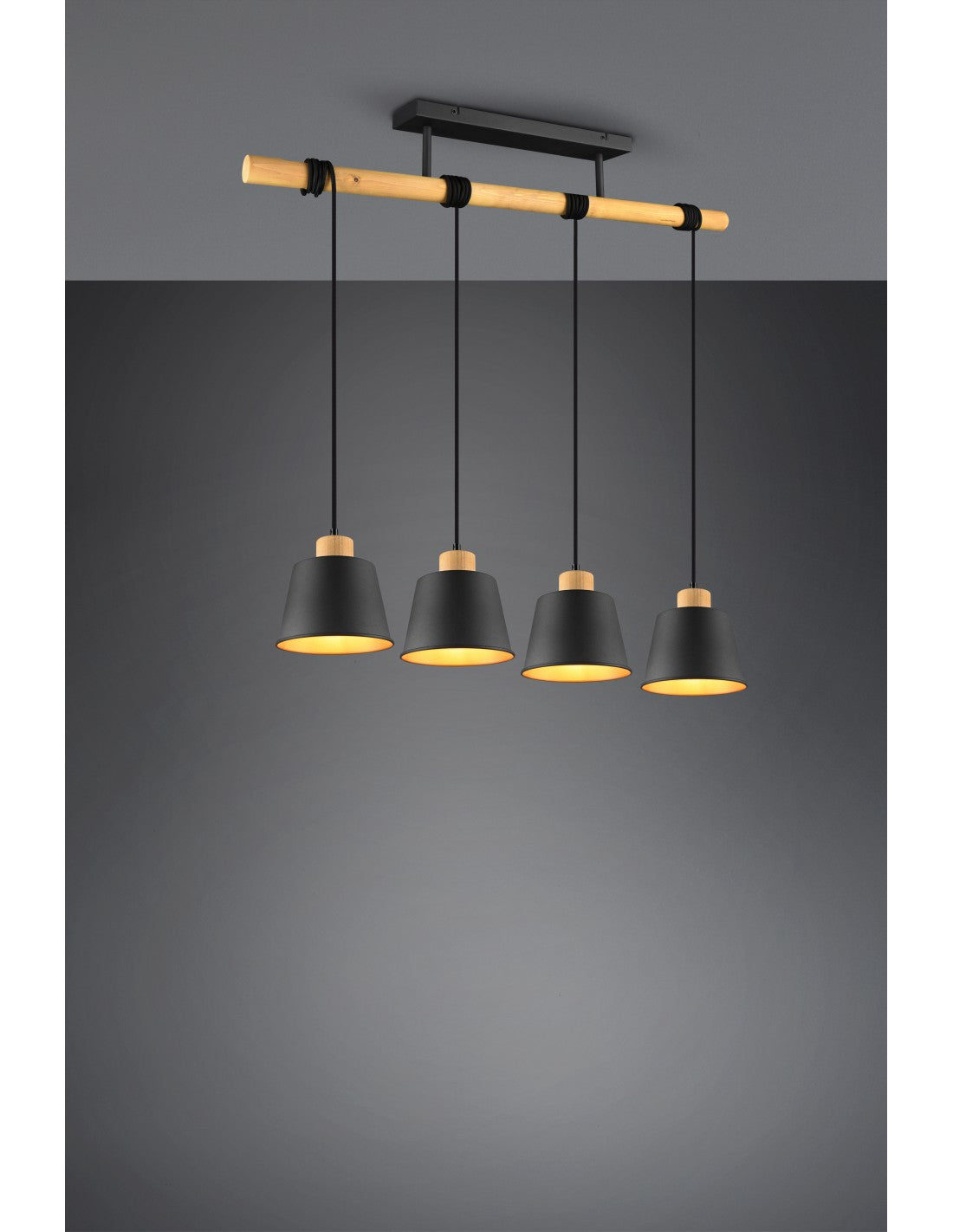Lámpara de araña de barra de madera con 4 pantallas, iluminación Harris Trio de oro negro