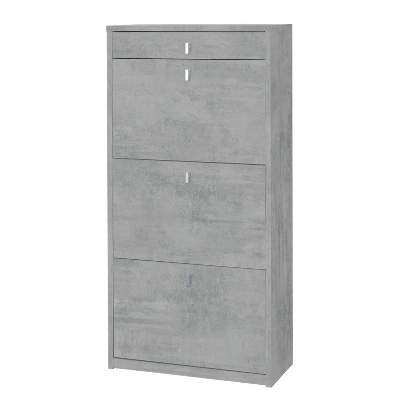 Zapatero delgado que ahorra espacio con tres puertas y un cajón en Beton Cemento 63x29x h127 cm