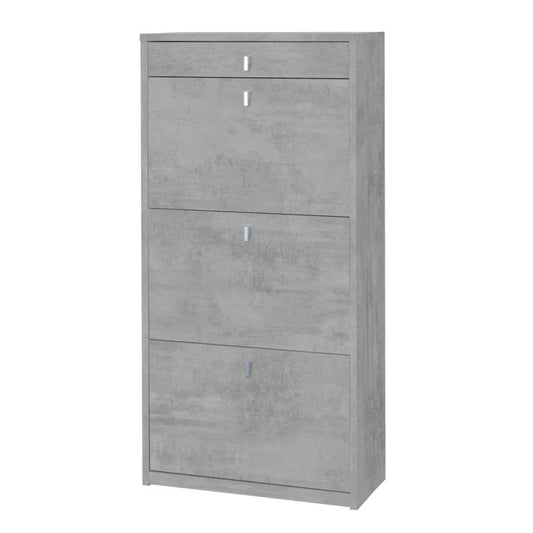 Zapatero delgado que ahorra espacio con tres puertas y un cajón en Beton Cemento 63x29x h127 cm