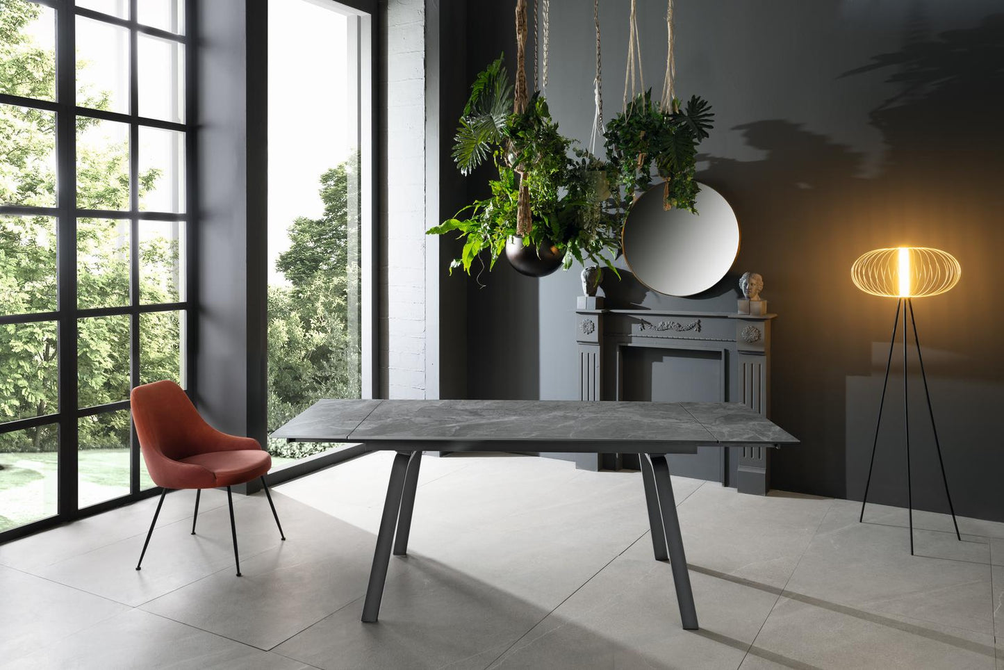 Mesa extensible con tapa de piedra efecto mármol negro 140/200x80x76h cm