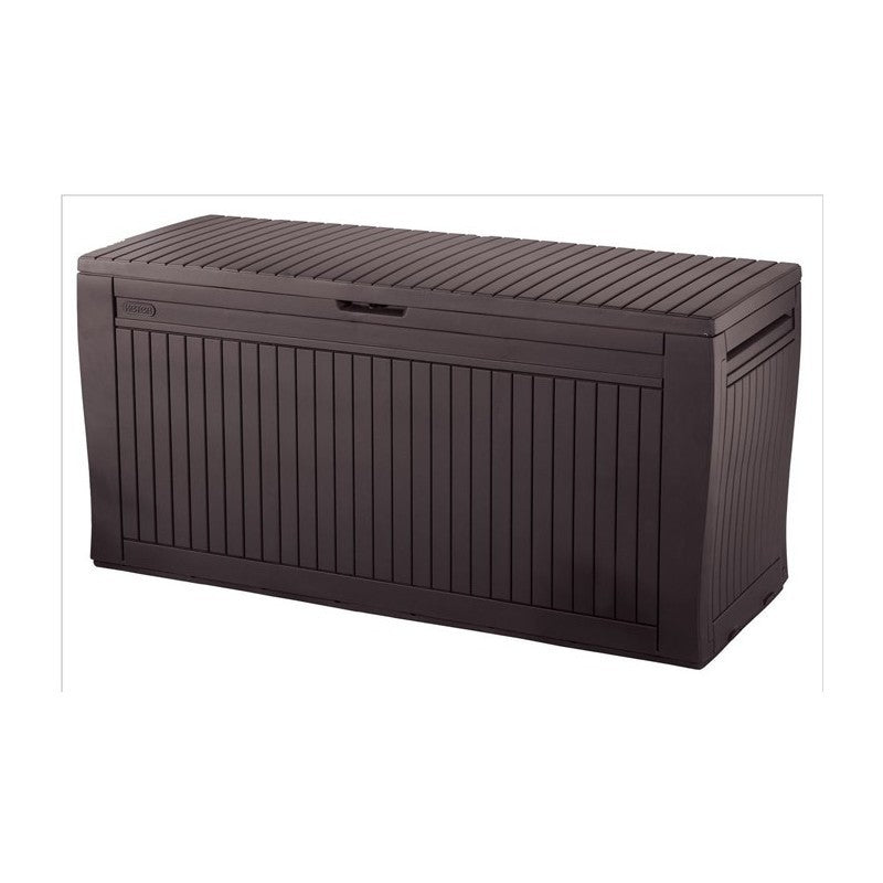 Baúl de resina con acabado efecto madera, equipado con ruedas de cm. 116,7x44,7xalto. 57