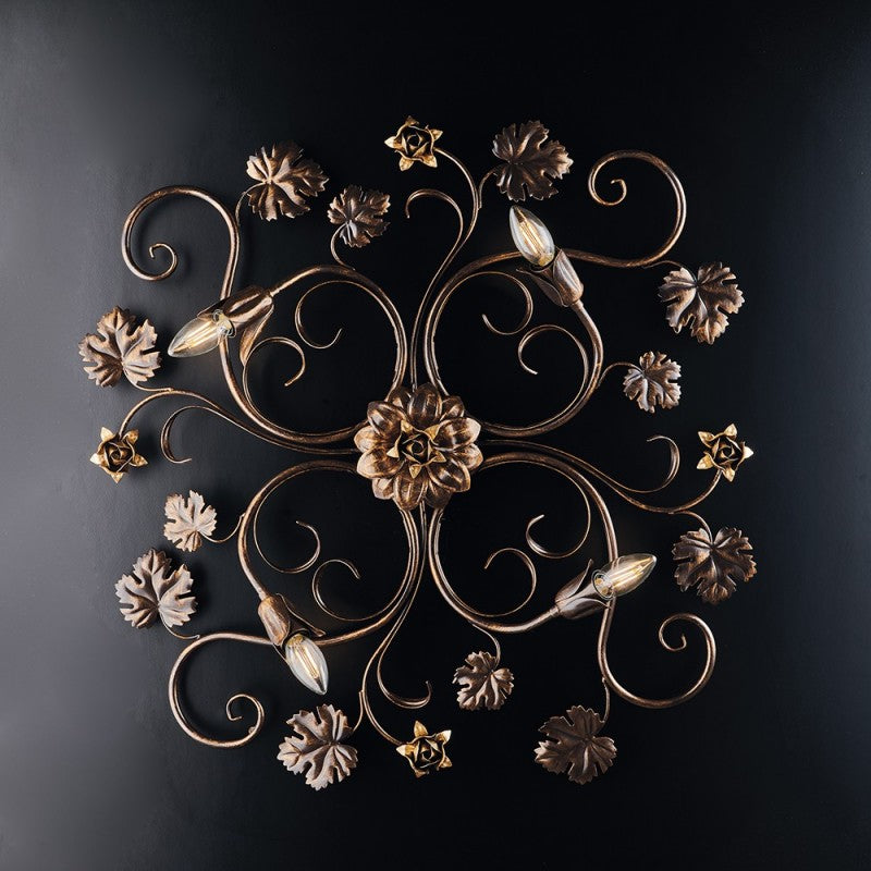 Plafón de cuatro luces de hierro marrón dorado con rosetas 76x67x h17 cm