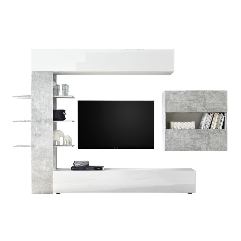 Mueble de salón blanco y hormigón L.295xP30xh.187 cm